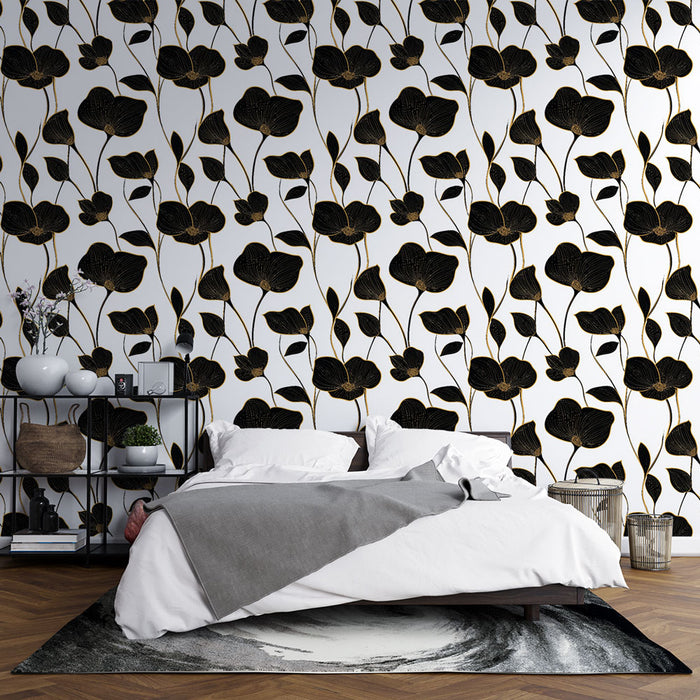 Une chambre moderne avec un papier peint floral noir et doré sur fond blanc, créant une atmosphère élégante et sophistiquée.