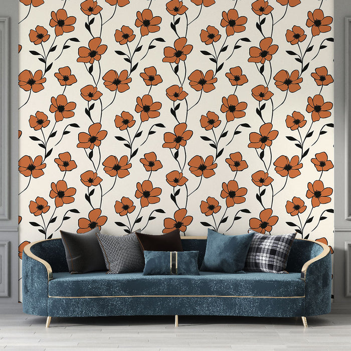 Un salon élégant avec un papier peint floral aux motifs de fleurs orange sur fond crème, créant une atmosphère chaleureuse et accueillante.