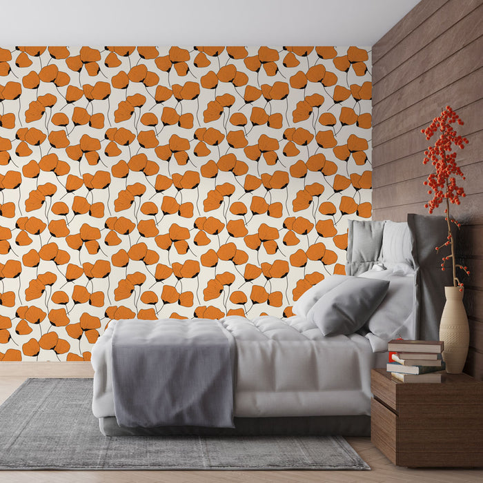 Une chambre moderne avec un papier peint floral aux motifs orange vif sur fond crème, créant une atmosphère chaleureuse et dynamique.