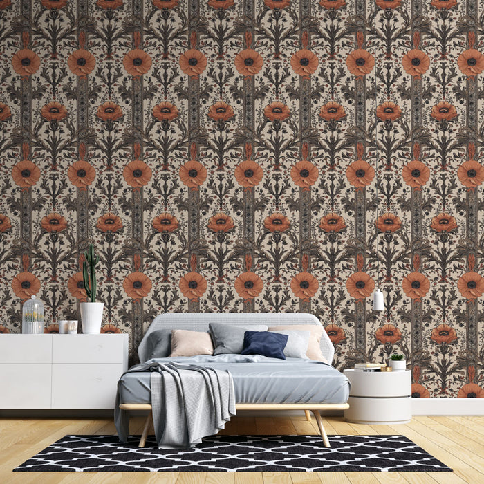 Une chambre moderne avec un papier peint floral aux grandes fleurs orange et motifs sombres, créant une ambiance chaleureuse et accueillante.