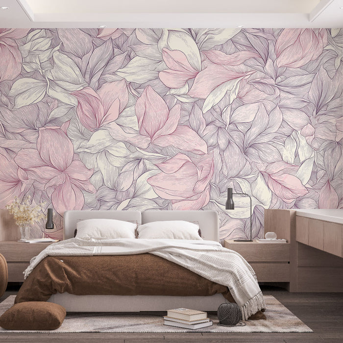 Une chambre élégante avec un papier peint floral aux teintes douces de rose et de crème, créant une atmosphère apaisante et romantique.