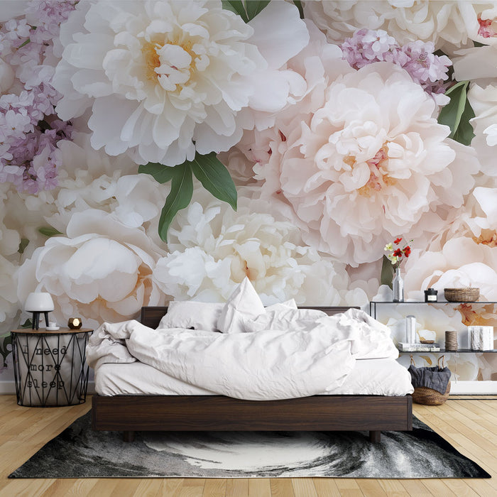 Une chambre élégante avec un papier peint floral aux teintes douces de blanc et rose, créant une atmosphère romantique et apaisante.