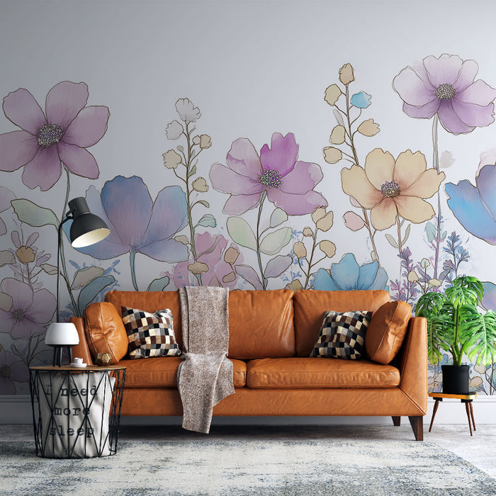 Un salon moderne avec un papier peint floral aux teintes pastel, représentant de grandes fleurs délicates qui apportent une ambiance douce et apaisante.