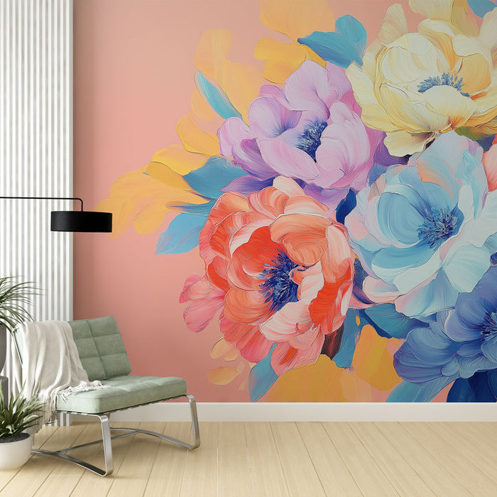 Papier peint fleurs peintes | Bouquet de fleurs pastel sur fond rose