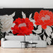 Papier peint fleurs pivoines blanches et rouges sur fond noir pour salon élégant et moderne