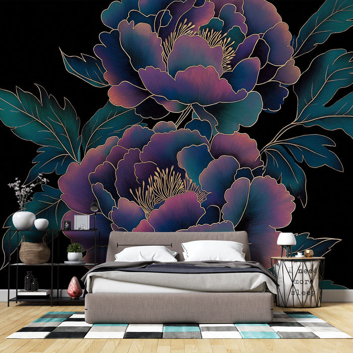 Papier peint fleurs | Pivoines éclatantes sur fond noir