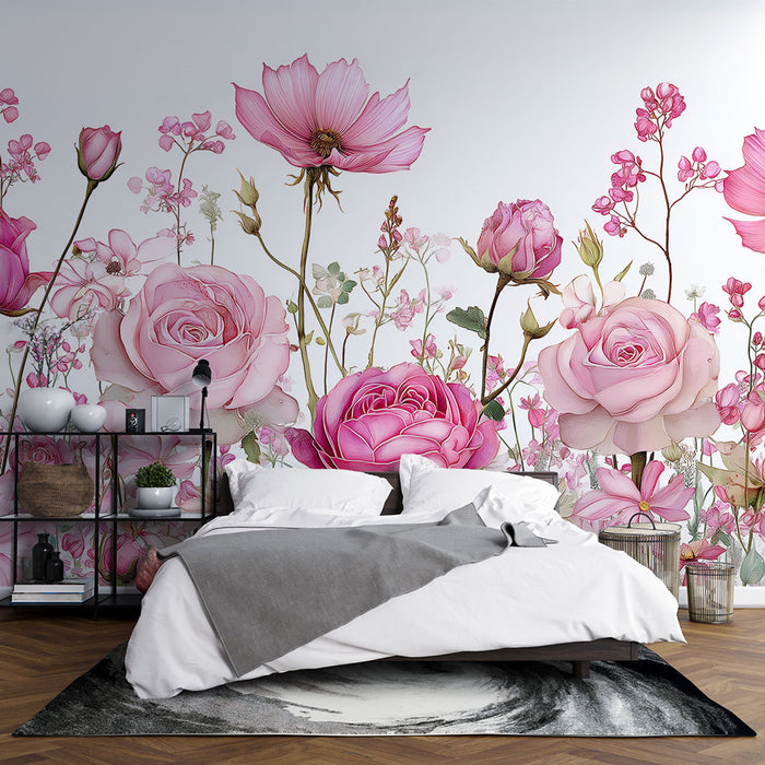 Une chambre élégante avec un papier peint floral aux teintes roses délicates, créant une atmosphère romantique et apaisante.