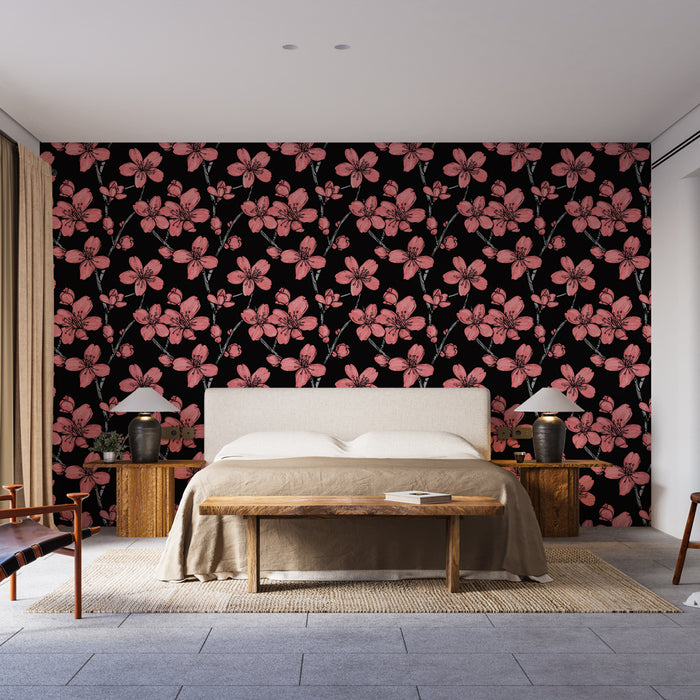 Une chambre moderne avec un papier peint floral rose sur fond noir, créant une atmosphère élégante et chaleureuse.