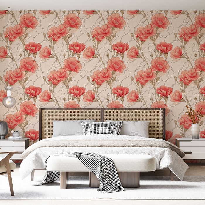 Une chambre élégante avec un papier peint floral aux grandes fleurs rouges sur fond beige, créant une atmosphère chaleureuse et accueillante.
