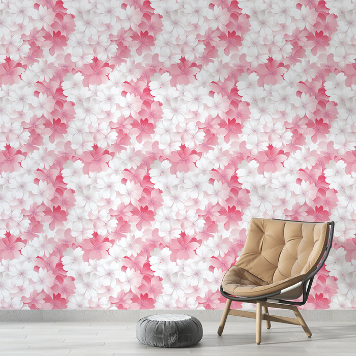 Une chambre lumineuse avec un papier peint floral aux nuances de rose et blanc, créant une atmosphère douce et romantique.