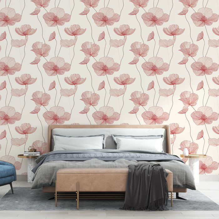 Une chambre élégante avec un papier peint floral aux teintes roses et beige, créant une atmosphère douce et apaisante.
