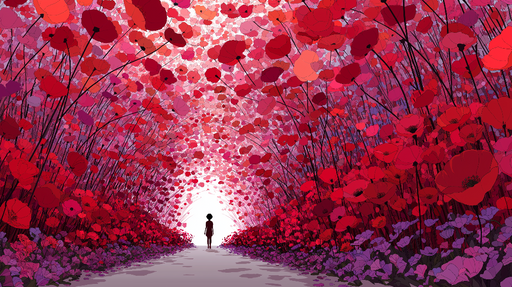 Papier peint fleurs rouges Allée de pavots en dégradé de rose et rouge