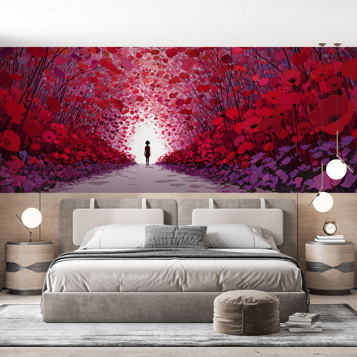 Une chambre moderne avec un papier peint artistique représentant un chemin floral vibrant aux teintes rouges et violettes, créant une atmosphère rêveuse et poétique.