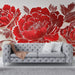 Papier peint fleurs rouges avec pivoines découpées sur fond blanc pour salon élégant.