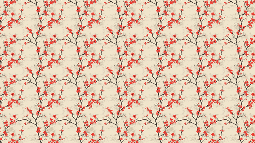Papier peint fleurs rouges Tendre motif de branches avec fleurs rouges sur fond beige