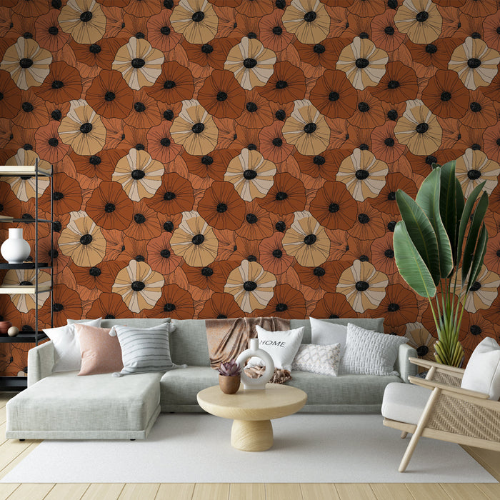 Un salon moderne avec un papier peint floral aux teintes chaudes de terracotta et beige, dégageant une atmosphère accueillante et chaleureuse.