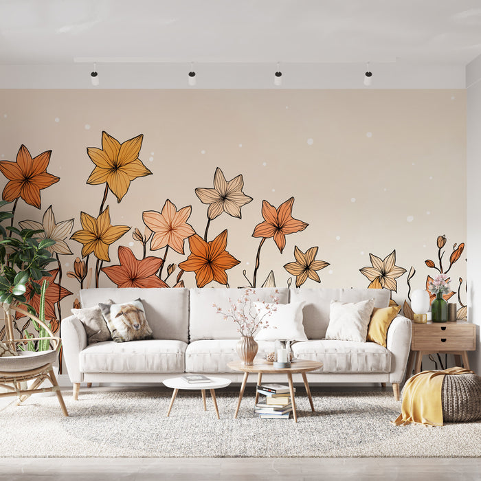 Un salon lumineux avec un papier peint floral aux teintes chaudes d'orange et de beige, créant une atmosphère accueillante et apaisante.