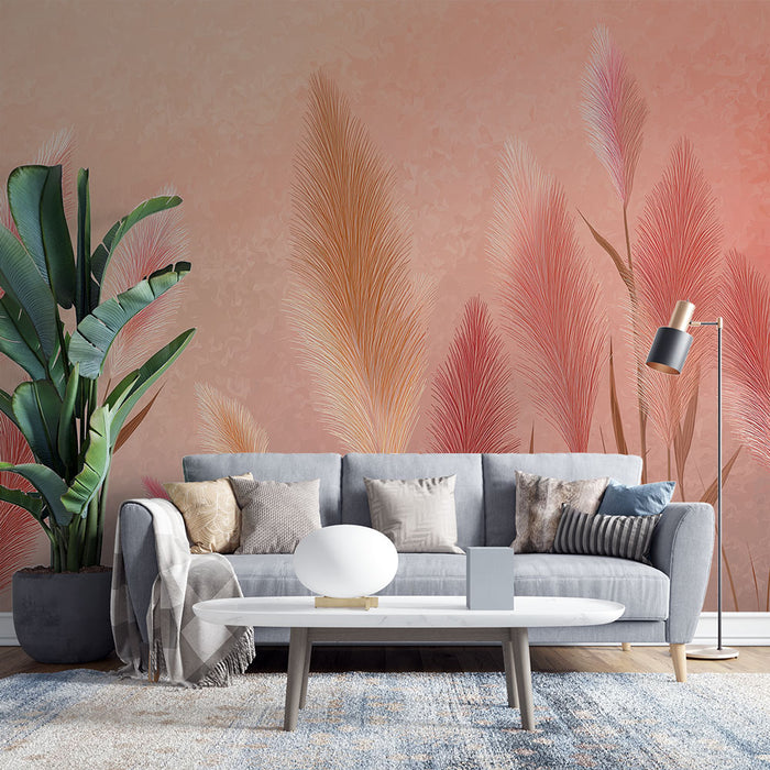 Une pièce moderne avec un papier peint aux motifs de grandes herbes dans des teintes roses et dorées, créant une atmosphère douce et chaleureuse.
