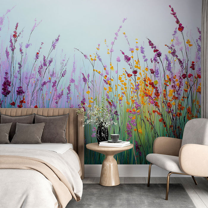 Une chambre élégante avec un papier peint floral vibrant représentant des fleurs colorées sur un fond dégradé, créant une atmosphère joyeuse et apaisante.