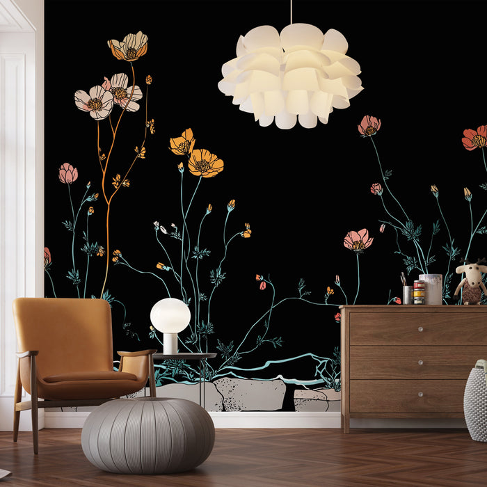 Une pièce moderne avec un papier peint floral sur fond noir, présentant des fleurs colorées aux lignes délicates, créant une atmosphère à la fois artistique et chaleureuse.