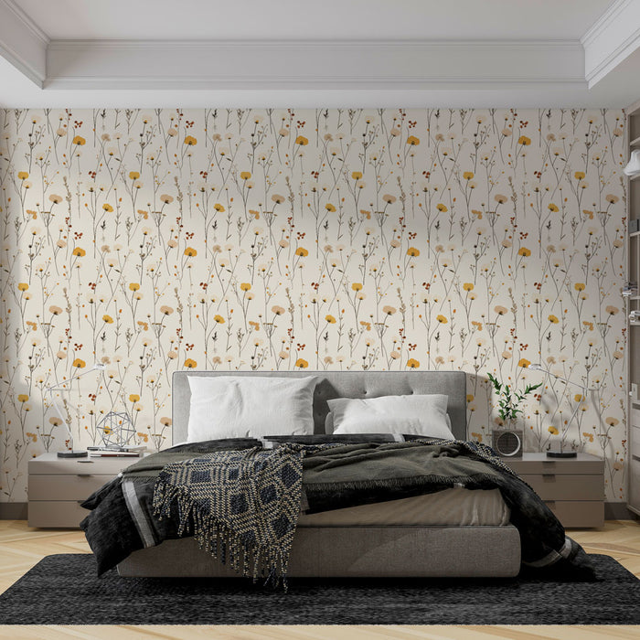 Une chambre apaisante avec un papier peint floral beige et jaune, orné de délicates fleurs et feuillages, créant une atmosphère chaleureuse et naturelle.