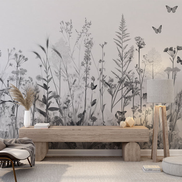 Un salon moderne avec un papier peint floral en noir et blanc représentant des plantes délicates et des papillons, créant une ambiance douce et apaisante.