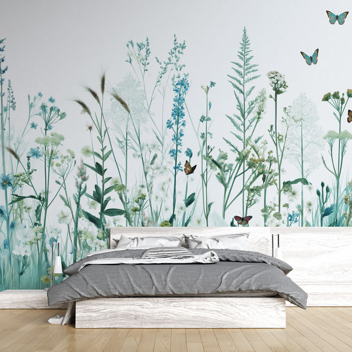 Une chambre lumineuse avec un papier peint floral aux nuances de bleu et vert, évoquant une ambiance naturelle et apaisante agrémentée de papillons.