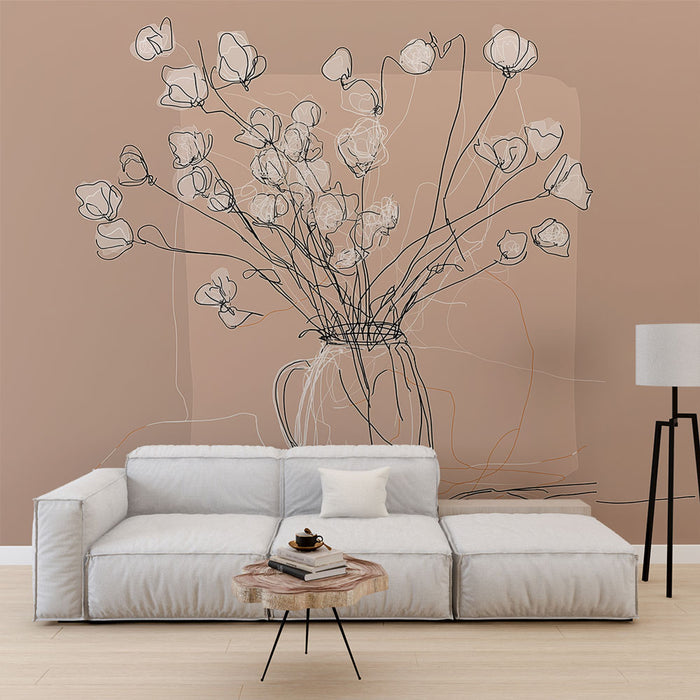 Un salon moderne avec un papier peint représentant un vase de fleurs en lignes minimalistes sur fond rose, créant une ambiance douce et artistique.