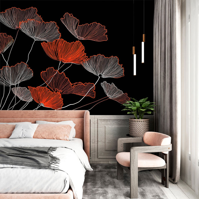 Une chambre élégante avec un papier peint floral noir, aux motifs stylisés en blanc et rouge, créant une atmosphère moderne et dynamique.