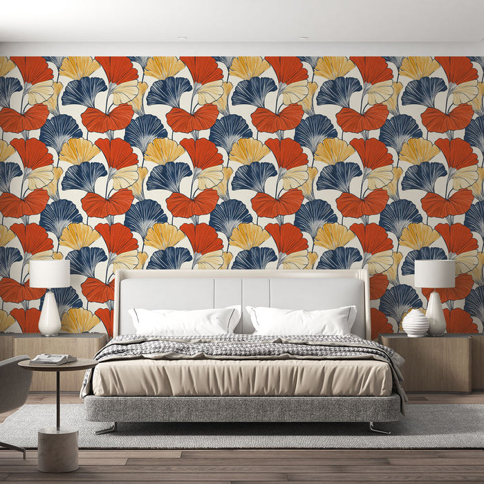 Une chambre moderne avec un papier peint floral aux grandes feuilles colorées orange, jaune et bleu sur fond clair, créant une ambiance dynamique et accueillante.