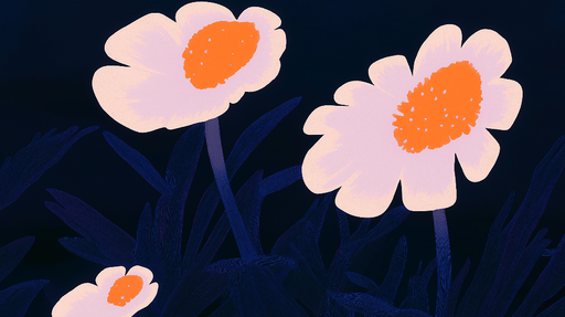 Papier peint fleurs stylisées Motif de fleurs blanches et orangées sur fond sombre