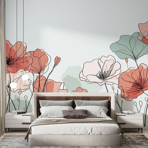 Une chambre moderne avec un papier peint floral aux teintes douces de rose et vert, créant une atmosphère apaisante et élégante.