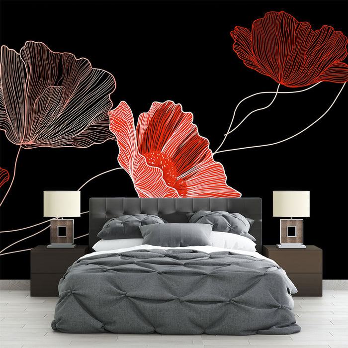 Une chambre moderne avec un papier peint floral noir orné de grandes fleurs rouges et blanches aux lignes délicates, créant une atmosphère élégante et dynamique.