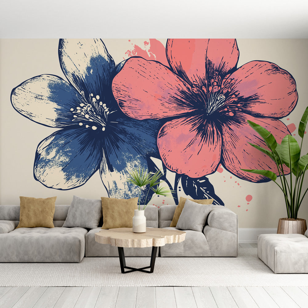 Papier peint fleurs stylisées | Motifs floraux en bleu et rose ...