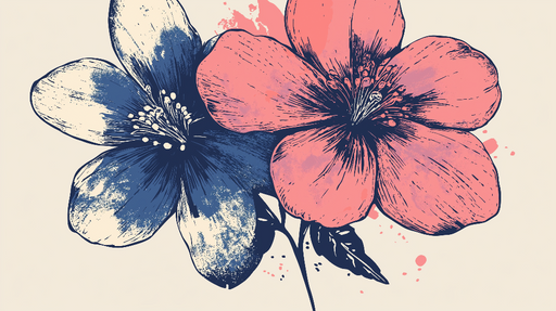 Papier peint fleurs stylisées Motifs floraux en bleu et rose