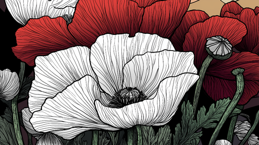 Papier peint fleurs stylisées Poppies en noir et blanc