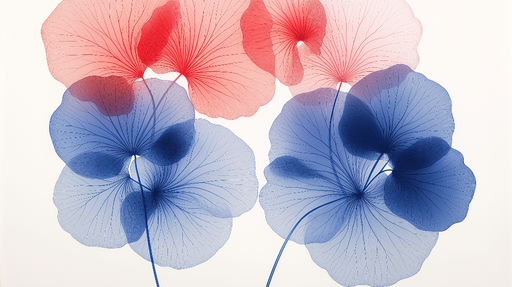 Papier peint fleurs translucides Motif de fleurs délicates en rouge et bleu