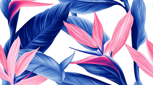 Papier peint fleurs tropicales Feuillage bleu et fleurs roses