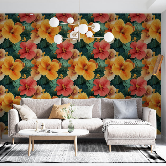 Un salon lumineux avec un papier peint floral vibrant aux grandes fleurs hibiscus jaunes et roses sur fond sombre, créant une ambiance tropicale et chaleureuse.