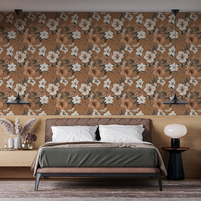 Une chambre moderne avec un papier peint floral aux teintes chaudes de terre, évoquant une ambiance chaleureuse et accueillante grâce à ses motifs de fleurs délicates.