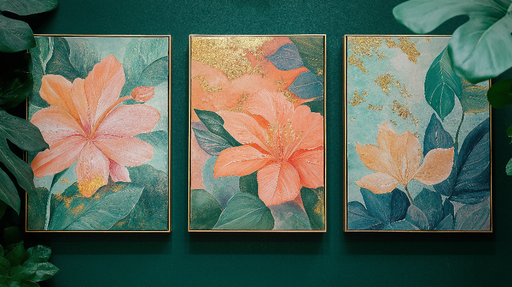 Papier peint fleurs tropicales Plusieurs fleurs aux teintes délicates sur fond vert émeraude