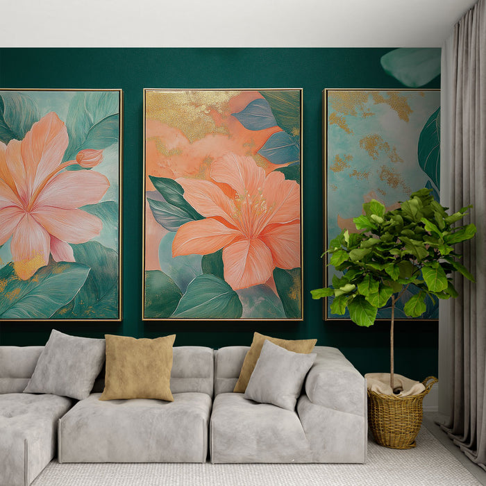 Un salon élégant avec un papier peint vert profond orné de grandes fleurs tropicales aux teintes douces, créant une atmosphère chaleureuse et accueillante.