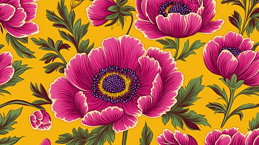 Papier peint fleurs vibrantes avec magnifiques fleurs roses sur fond jaune éclatant pour décoration murale élégante.