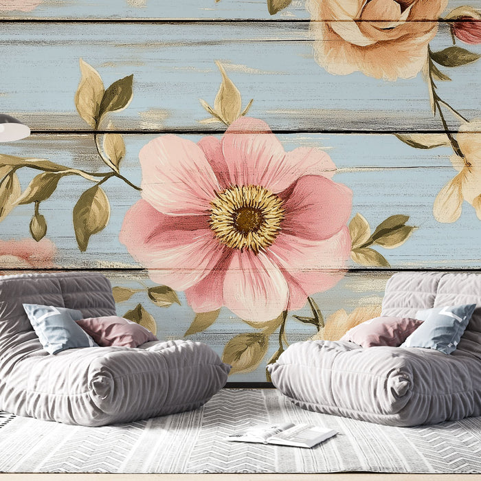 Papier peint fleurs vintage | Motif floral sur fond bleu