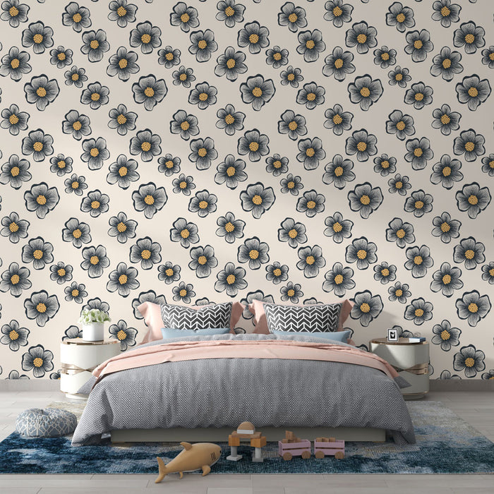Une chambre moderne avec un papier peint floral aux motifs noirs et jaunes sur fond crème, créant une ambiance douce et accueillante.
