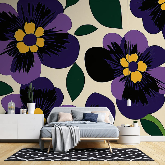 Papier peint fleurs violettes | Éclatantes pensées sur fond crème