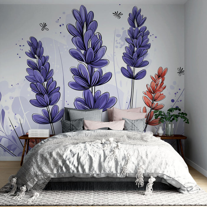 Une chambre élégante avec un papier peint floral représentant de grandes fleurs violettes et rouges sur un fond doux, créant une atmosphère apaisante et moderne.