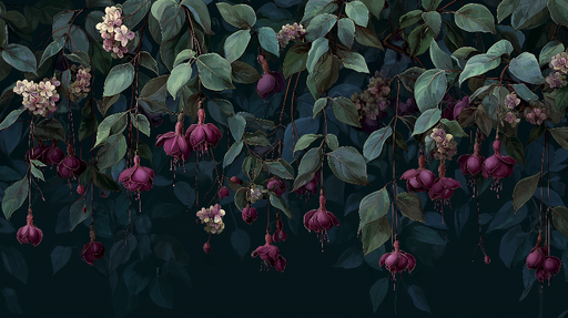 Papier peint floraison Fuchsias suspendus et feuillage vert luxuriant