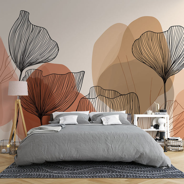 Une chambre moderne avec un papier peint aux motifs floraux stylisés en noir sur un fond aux teintes douces de beige et terracotta, créant une atmosphère apaisante et élégante.