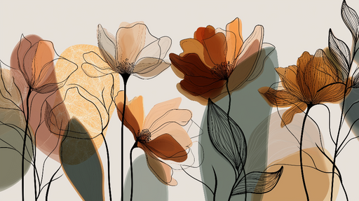 Papier peint floral abstrait Éléments floraux en noir et couleur terre